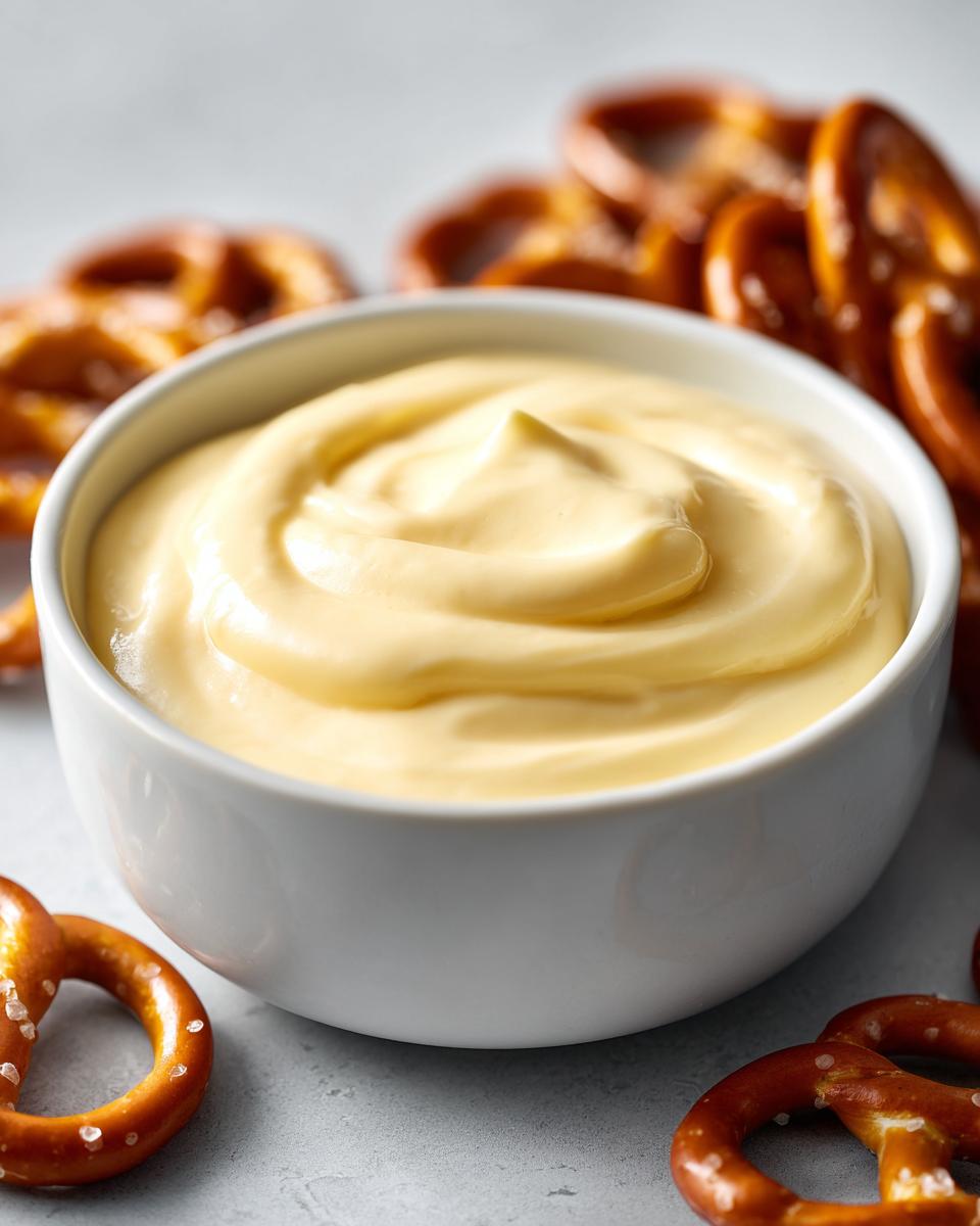 A white bowl filled with smooth, creamy beer cheese dip, surrounded by salted pretzels.