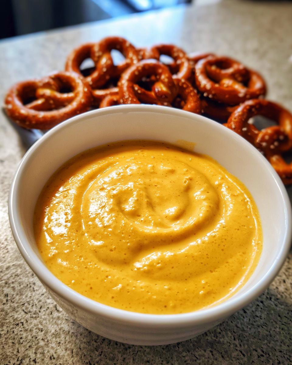 A close-up of creamy, orange beer cheese dip in a white bowl, with soft pretzels blurred in the background.