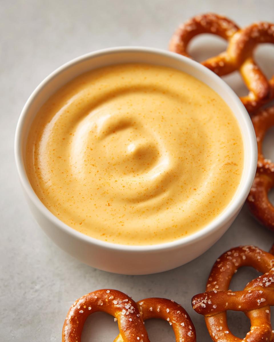 A white bowl filled with smooth, orange beer cheese dip surrounded by salted soft pretzels.