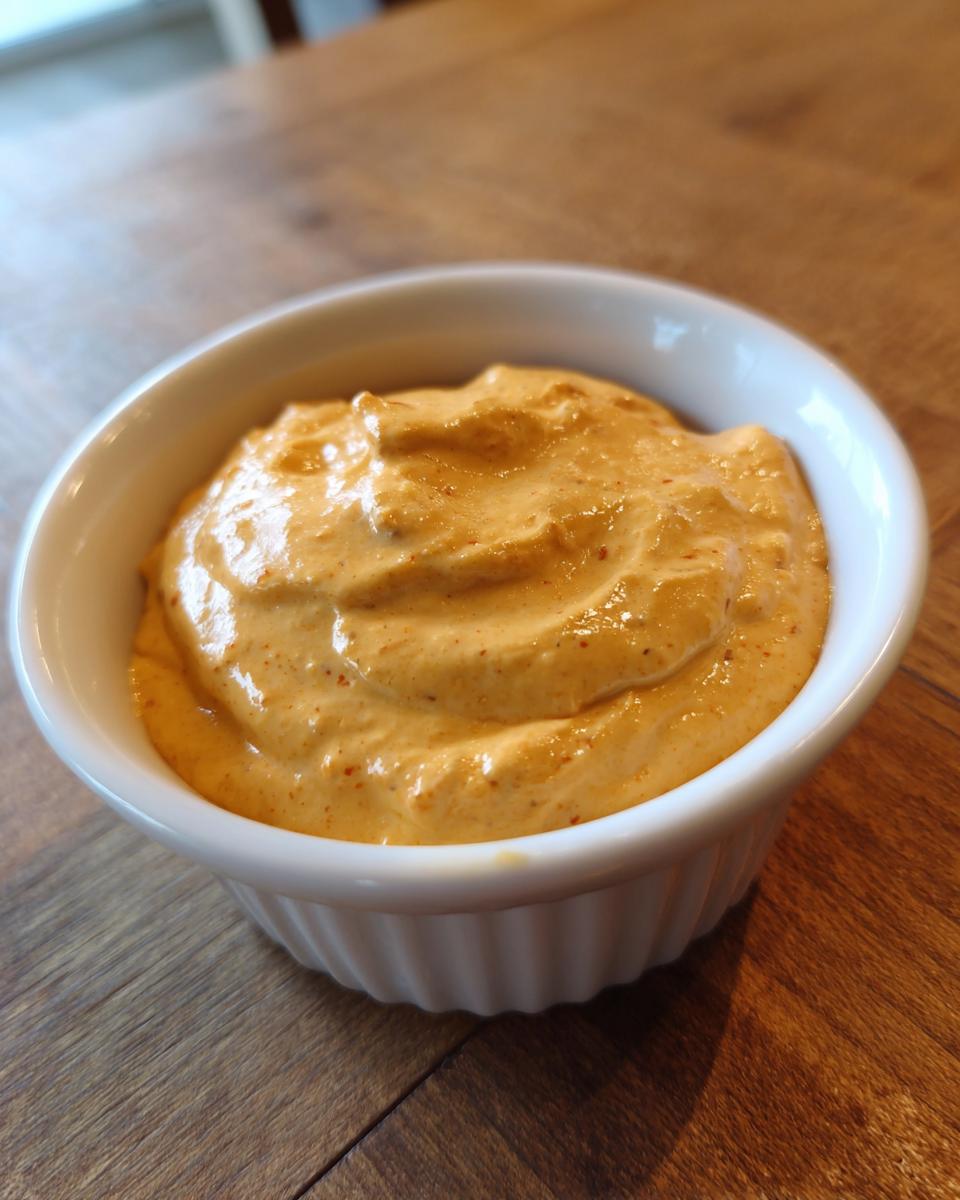 Close-up of a small white ramekin filled with thick, orange-hued beer cheese dip, sitting on a wooden table.