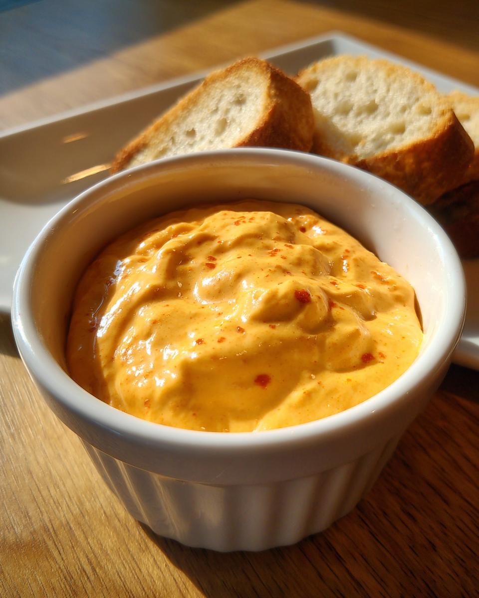 Close-up of creamy, orange beer cheese dip sprinkled with red pepper flakes, served with toasted bread slices.