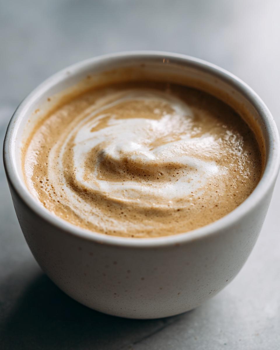 Close-up of a creamy beverage with latte art swirls, despite the article being about roasted cauliflower soup.