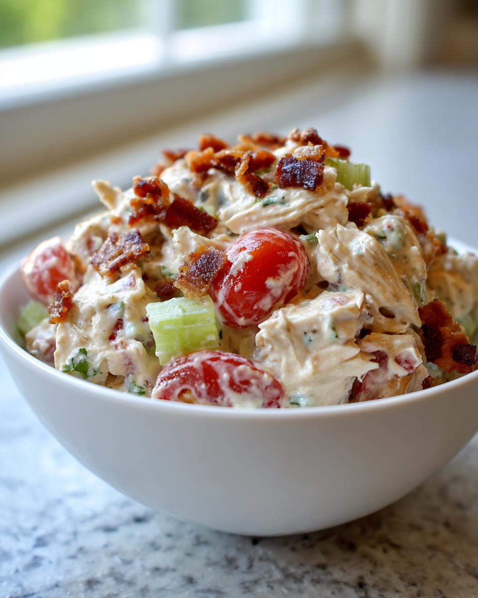 A close-up of creamy blt chicken salad mixed with cherry tomatoes and topped with crispy bacon bits in a white bowl.