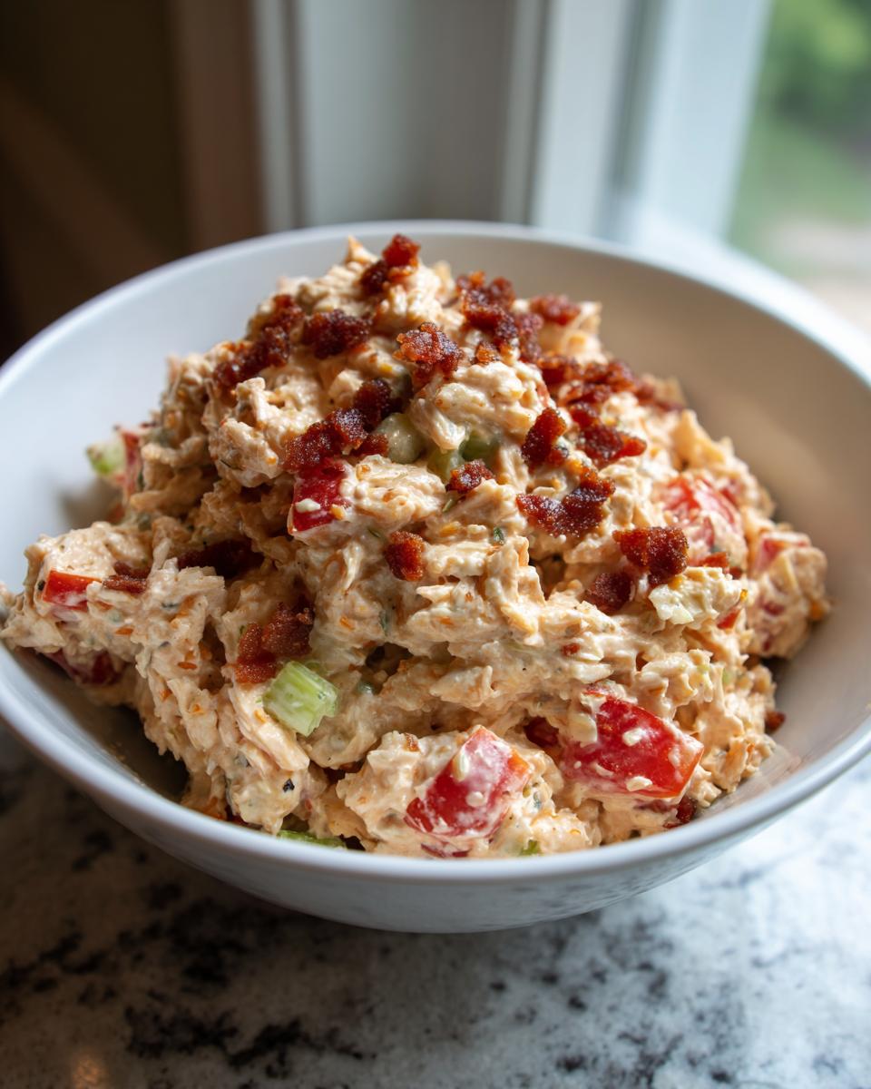 Close-up of creamy blt chicken salad mixed with tomatoes and celery, topped with crispy bacon bits in a white bowl.