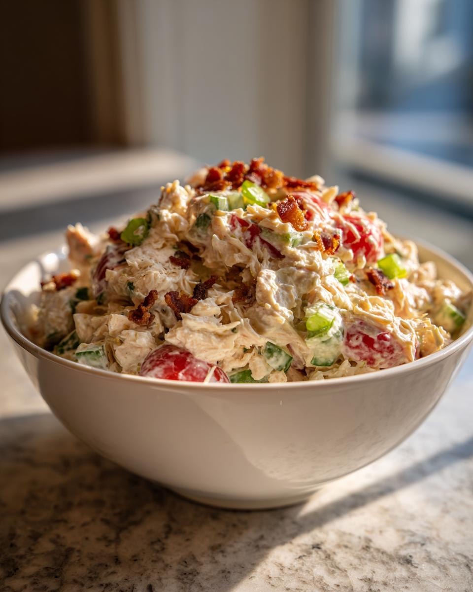 A white bowl filled with creamy blt chicken salad, featuring chunks of chicken, tomatoes, and topped with crumbled bacon.