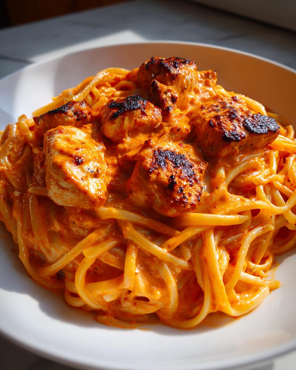 Close-up of creamy pasta topped with blackened pieces of seasoned cajun chicken in a white bowl.