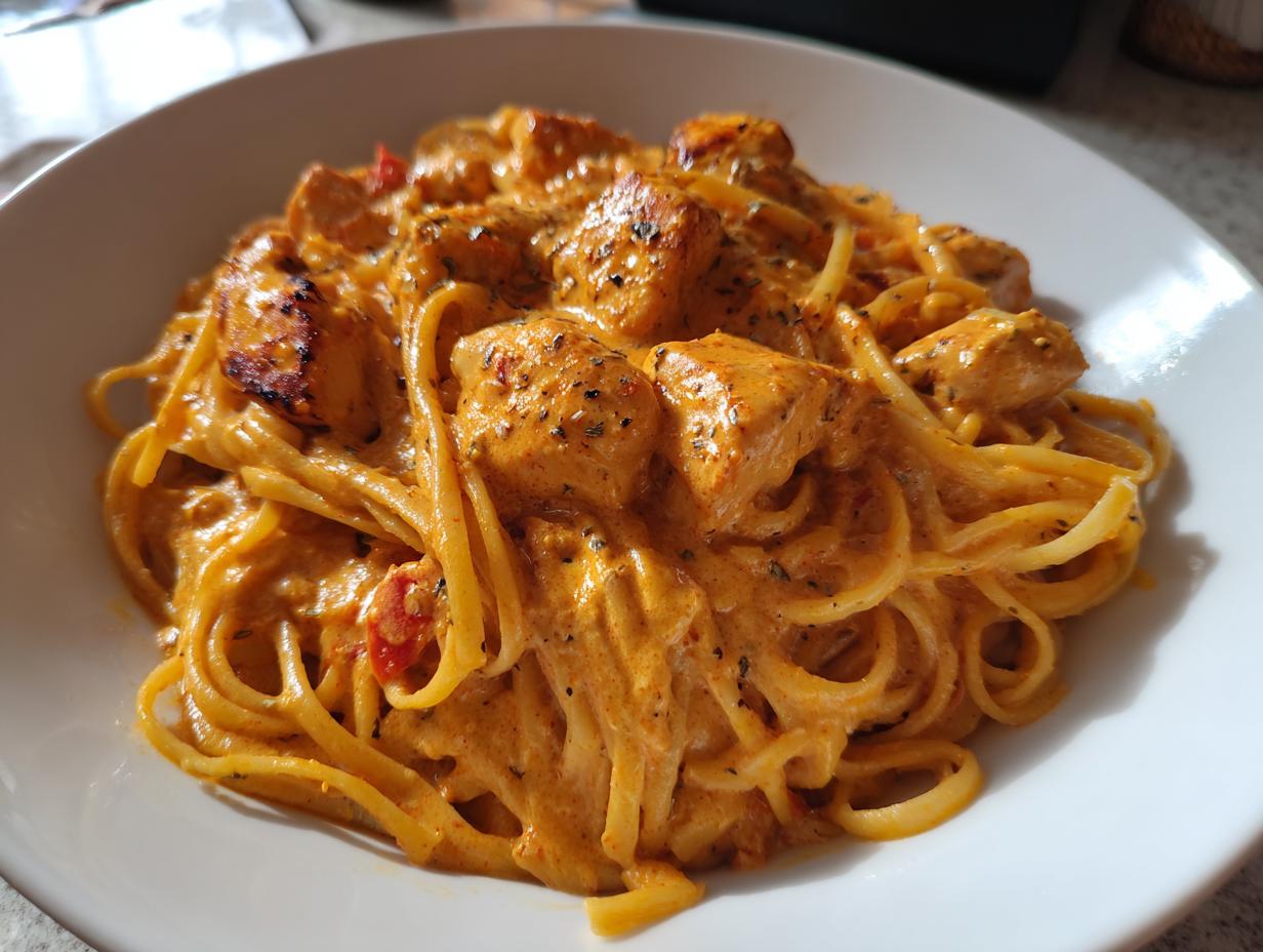 Close-up of creamy pasta tossed with chunks of seasoned cajun chicken in a white bowl.