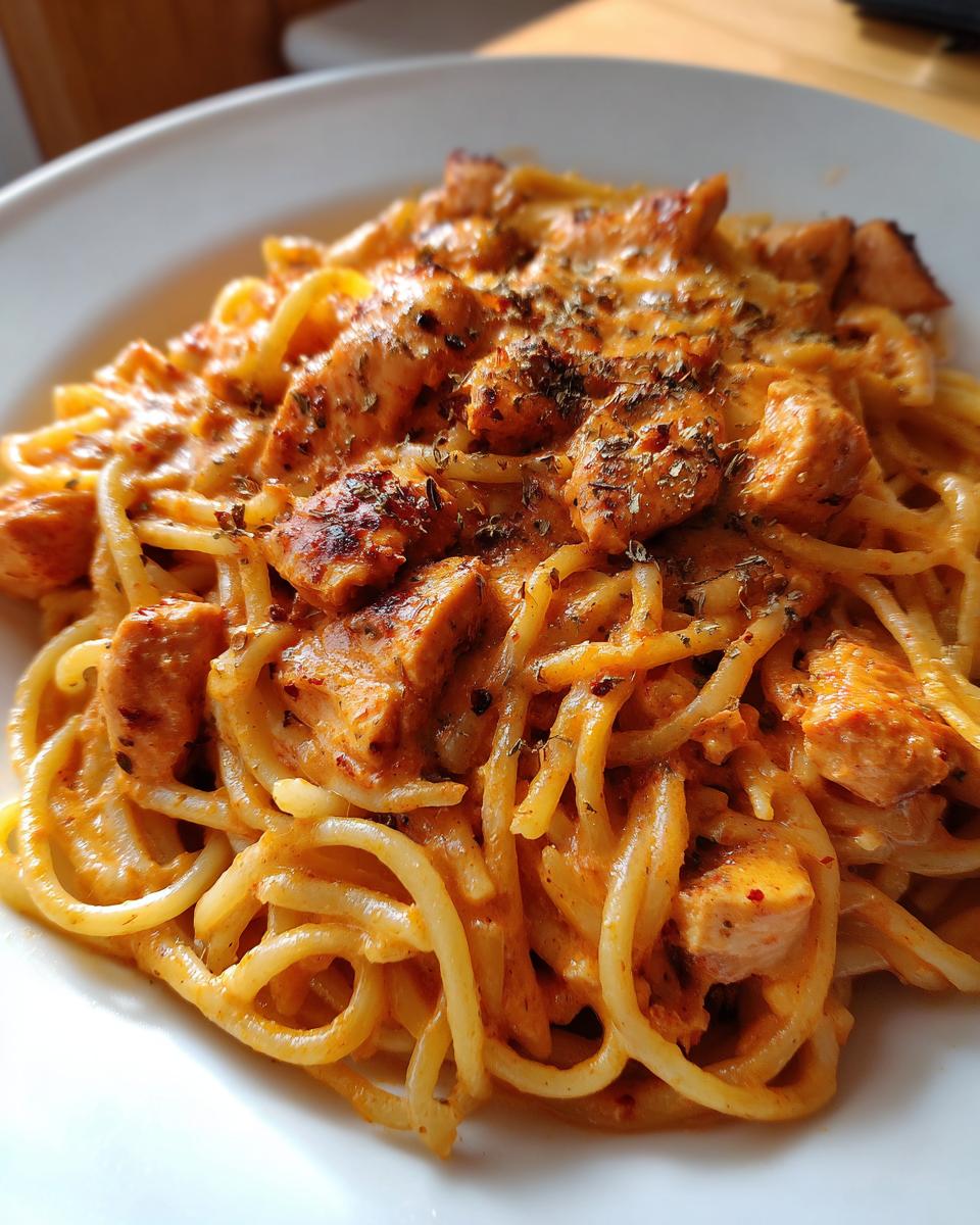 Close-up of creamy pasta topped with seasoned Cajun chicken pieces and herbs.