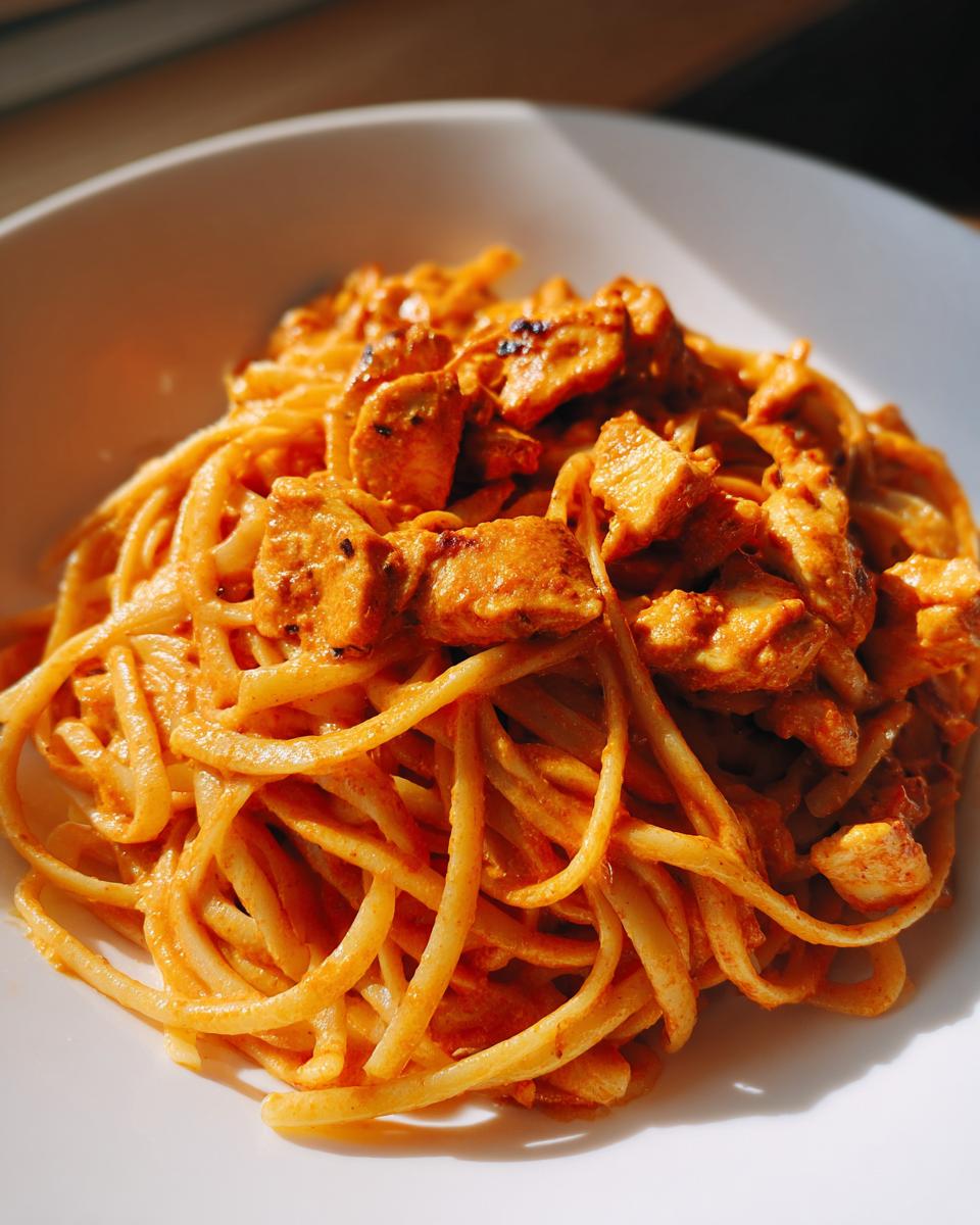 Close-up of creamy pasta topped with seasoned chunks of cajun chicken on a white plate.