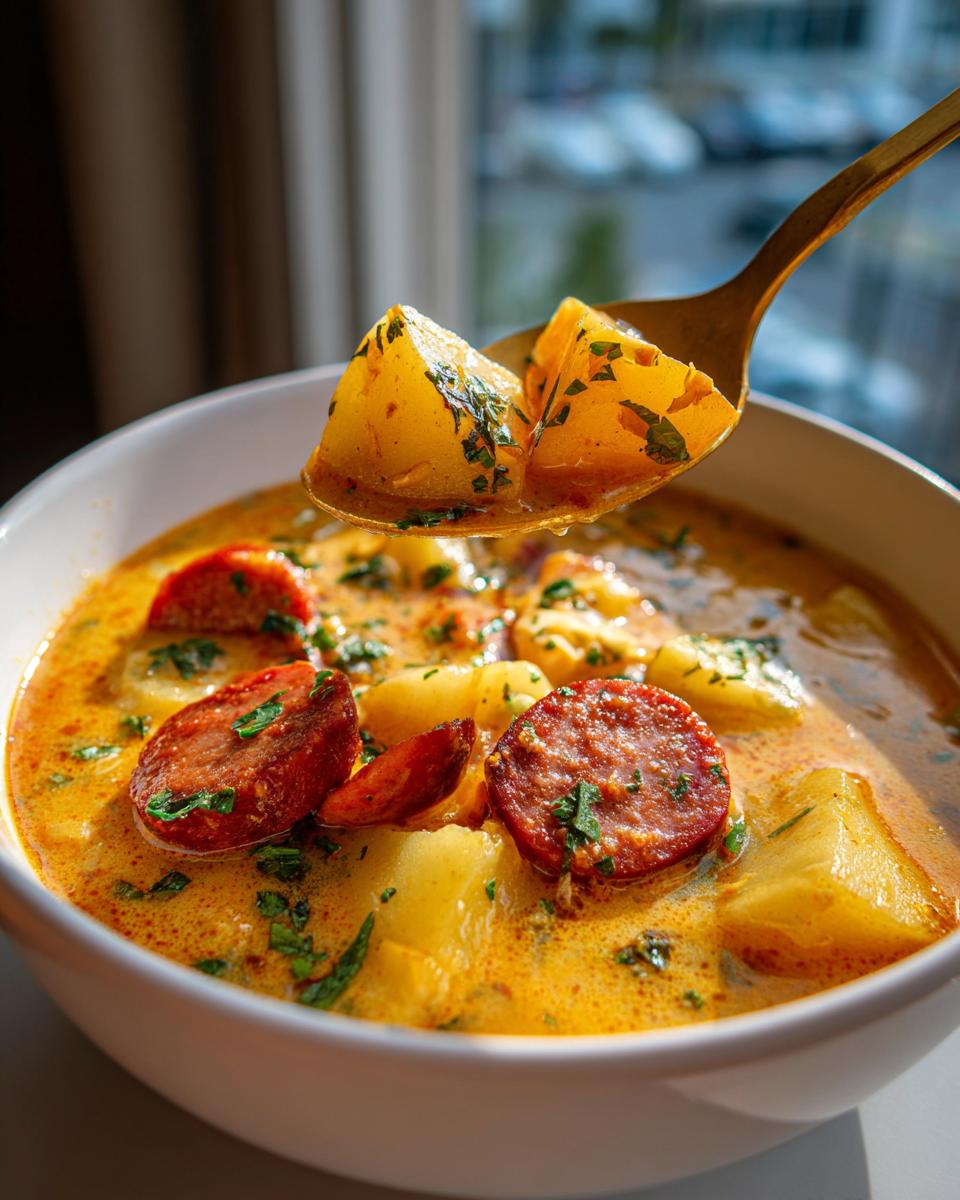 A spoonful of chunky potatoes lifted from a bowl of creamy Cajun potato soup topped with sliced smoked sausage.