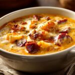 Close-up of a rich, creamy bowl of Cajun potato soup topped with chunks of sausage, bacon, and herbs.