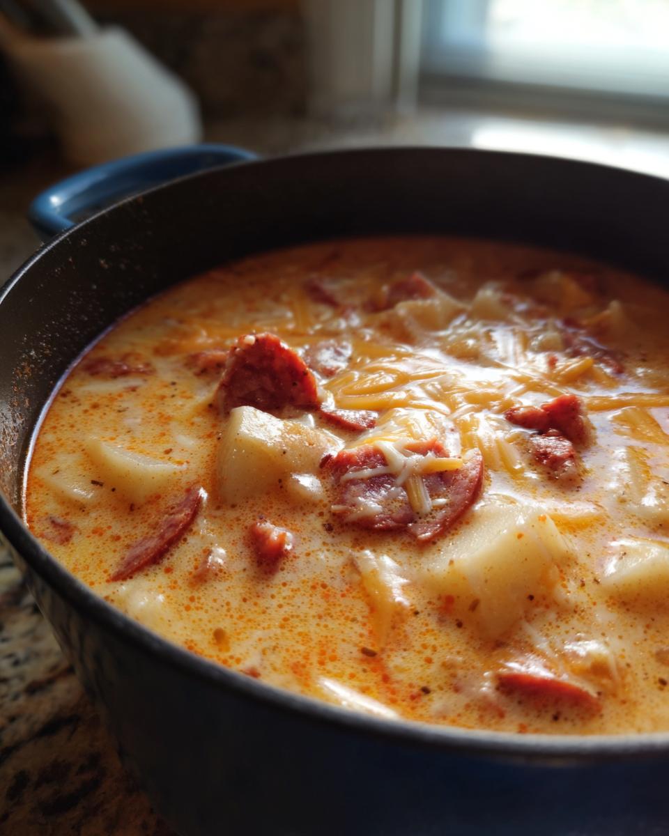 Close-up of creamy Cajun potato soup loaded with chunks of potato, sausage, and melted cheese.
