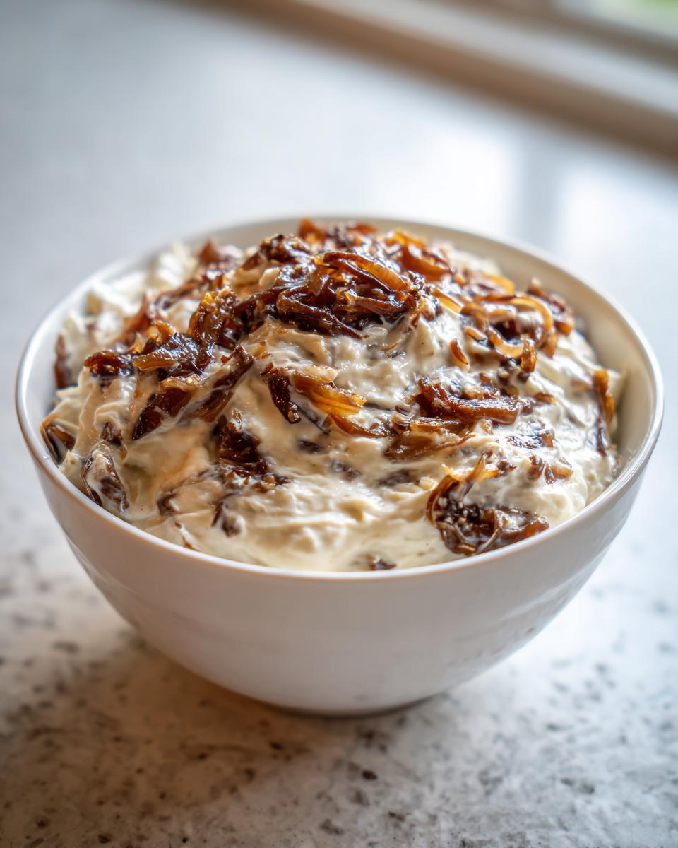 A white bowl filled with creamy caramelized onion dip, generously topped with dark, rich caramelized onions.