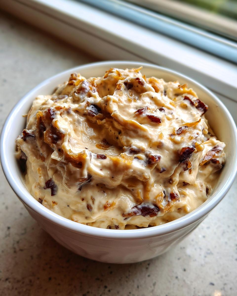 A close-up of thick, creamy caramelized onion dip loaded with rich brown onions in a white serving bowl.