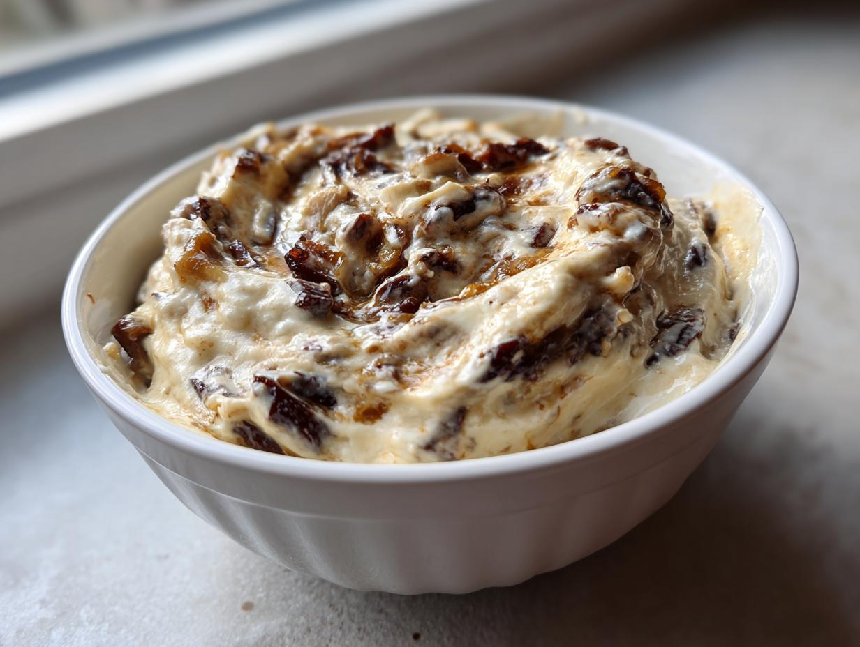 Close-up of a creamy, rich caramelized onion dip swirled in a white serving bowl.