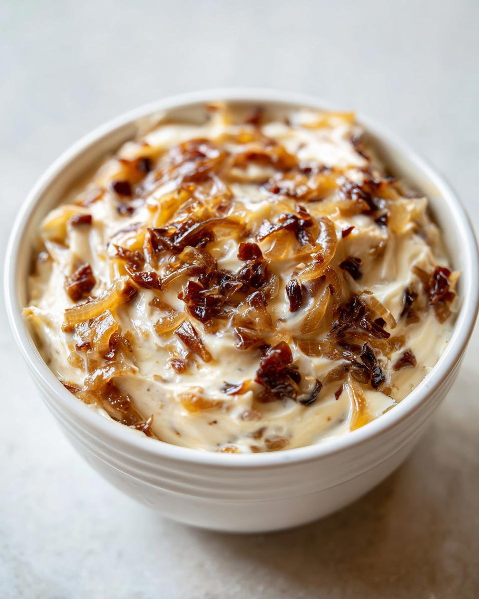 Close-up of creamy caramelized onion dip topped generously with dark, sweet caramelized onions in a white bowl.