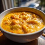 Close-up of a hearty bowl of rich, orange cheese soup, topped with black pepper.