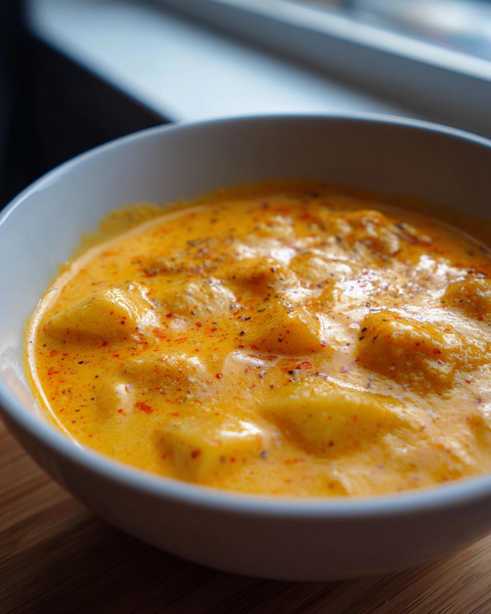 Close-up of a white bowl filled with rich, orange cheese soup topped with black pepper and paprika.