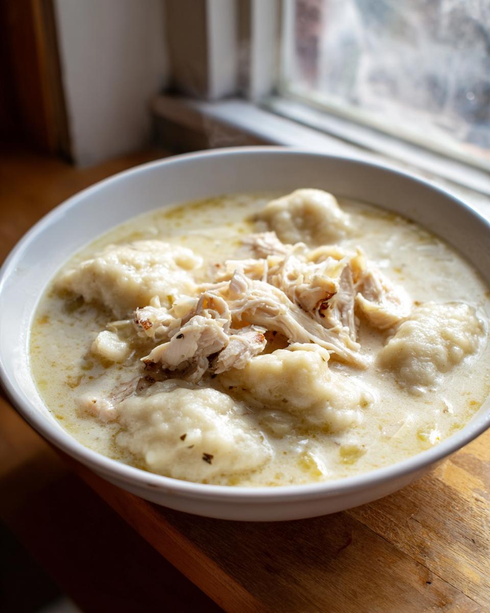 A close-up of a hearty bowl of creamy chicken and dumplings topped with shredded white meat chicken.