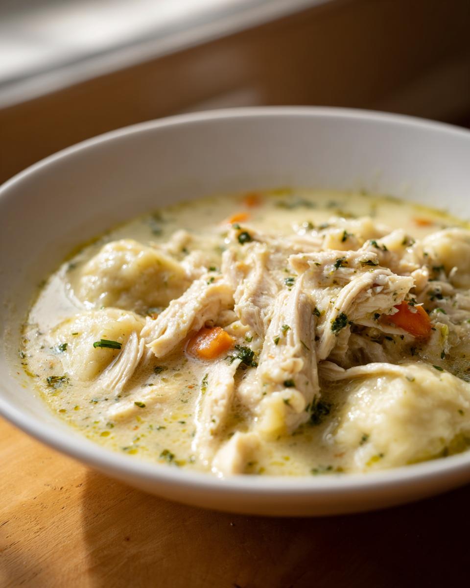 Close-up of a creamy bowl of homemade chicken and dumplings topped with shredded chicken and herbs.