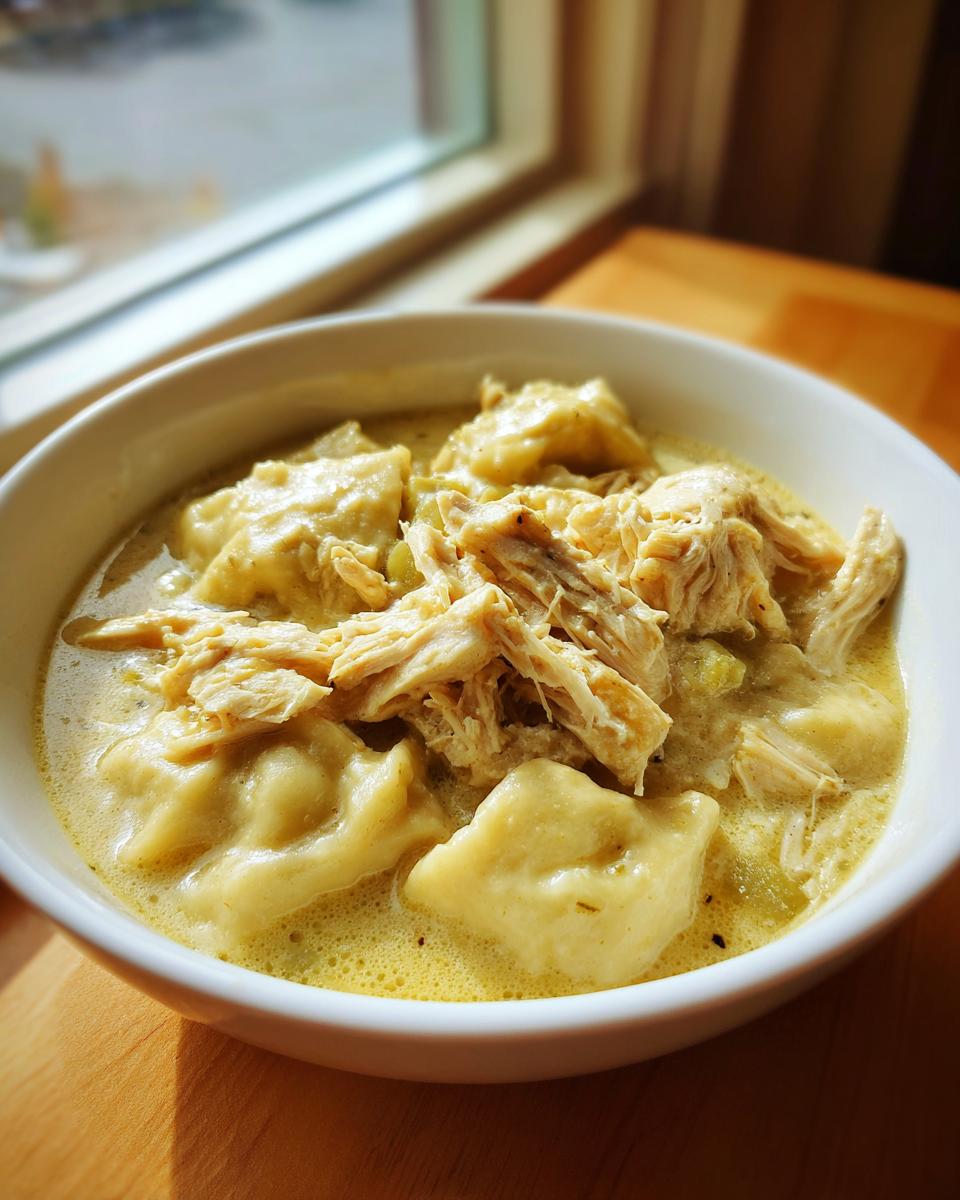 A close-up of a white bowl filled with creamy chicken and dumplings, topped with shredded chicken, set near a window.