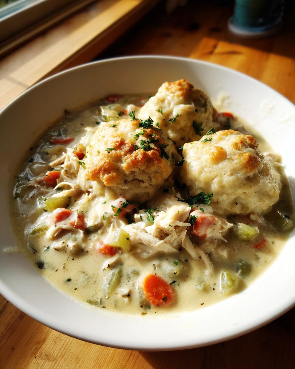 A close-up of creamy chicken and dumplings with biscuits, featuring shredded chicken, carrots, and celery.