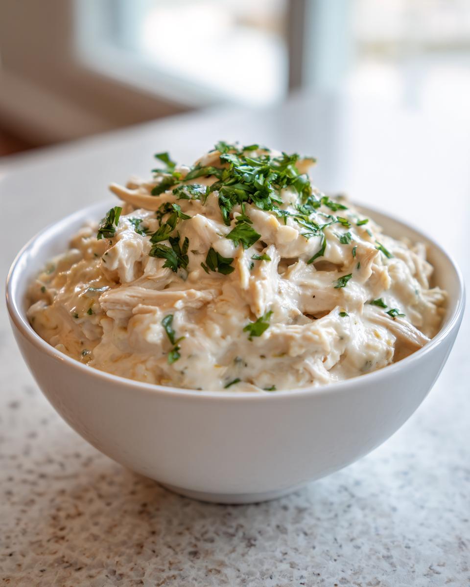 A white bowl filled with creamy shredded chicken chili mixture, topped generously with fresh chopped parsley.