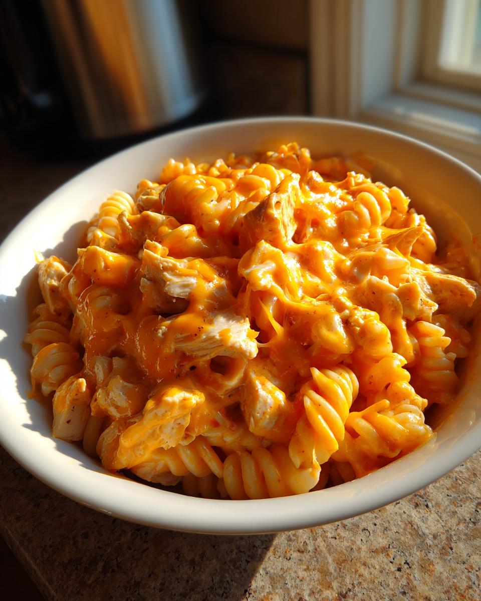 A close-up of a white bowl filled with creamy, cheesy enchilada pasta mixed with chunks of chicken.
