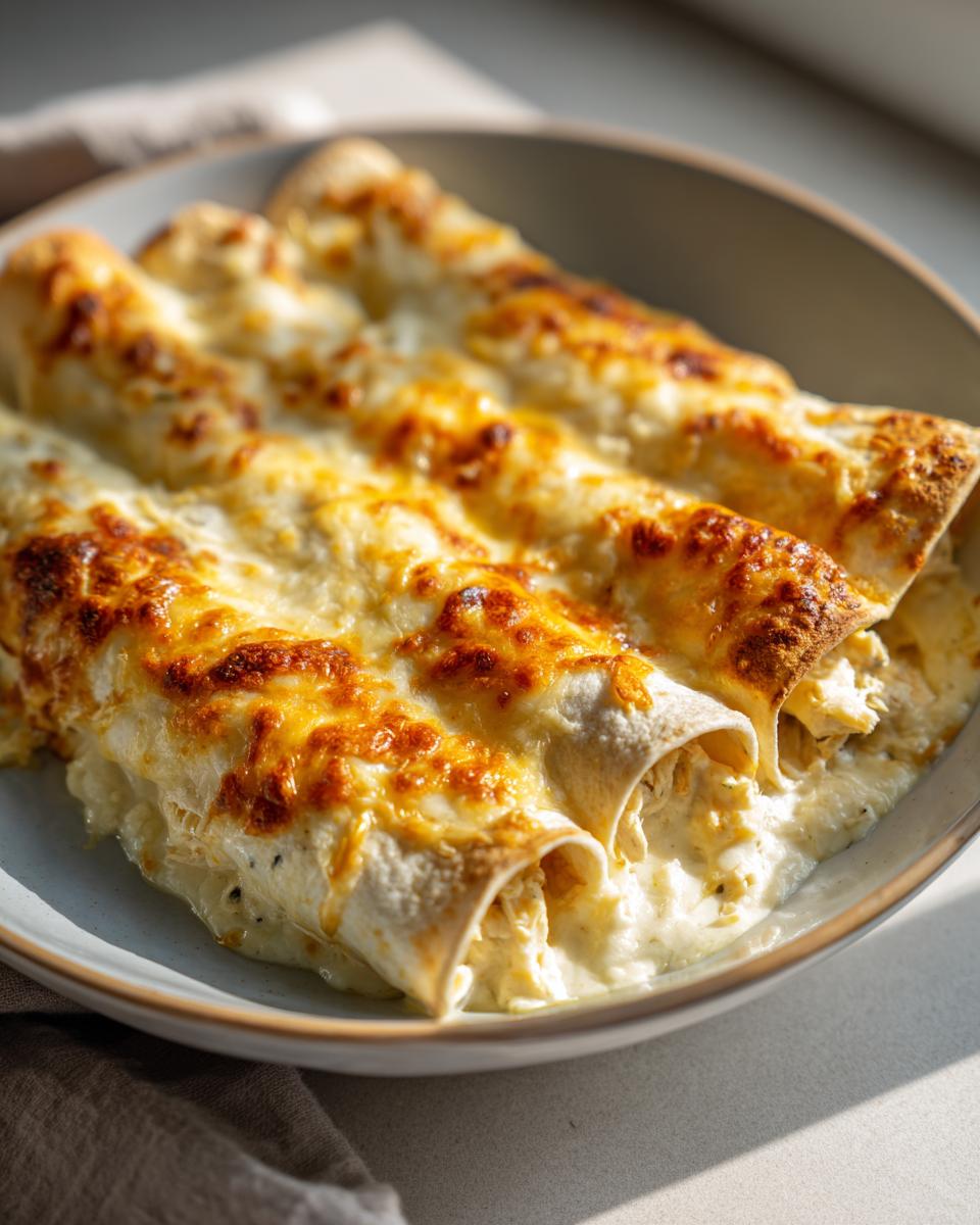 Three rolled chicken enchiladas covered in creamy white sauce and bubbly, browned cheese topping.