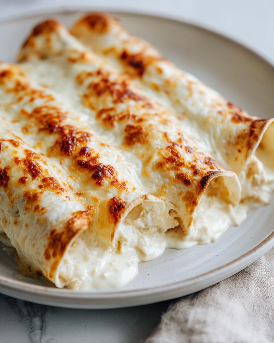 Three creamy chicken enchiladas covered in melted, browned cheese sauce on a light plate.