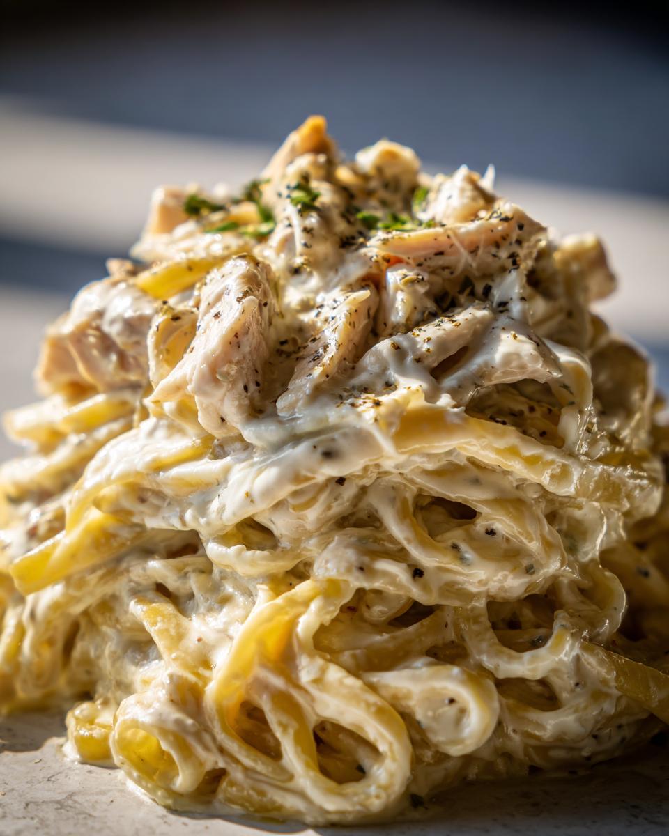 Close-up of a generous serving of chicken fettuccine alfredo pasta coated in rich white sauce and topped with herbs.