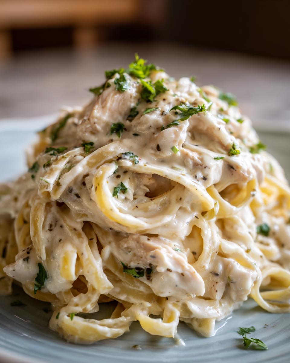 Close-up of a generous serving of chicken fettuccine alfredo coated in rich white sauce and topped with parsley.