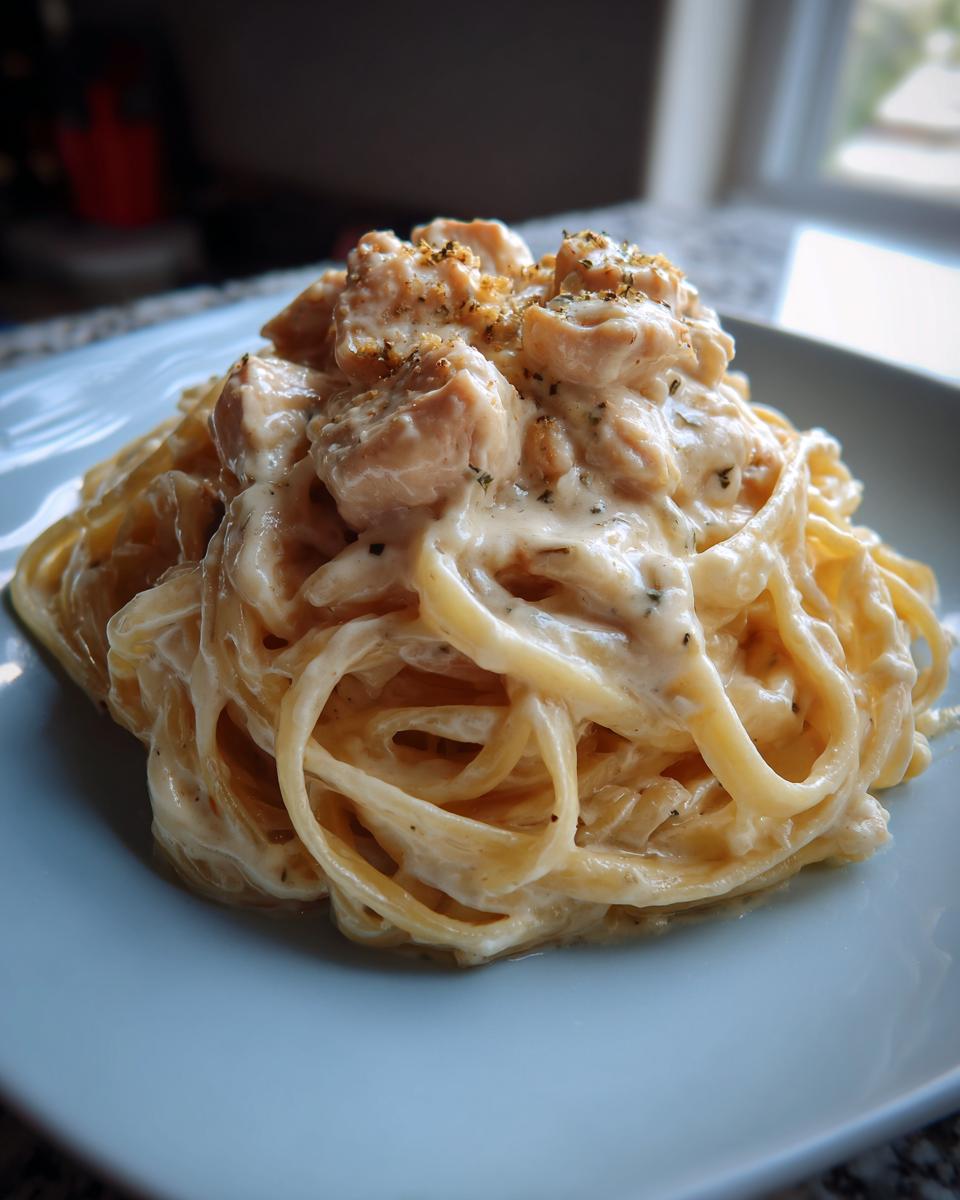 A close-up of a generous serving of creamy chicken fettuccine alfredo topped with herbs on a light blue plate.