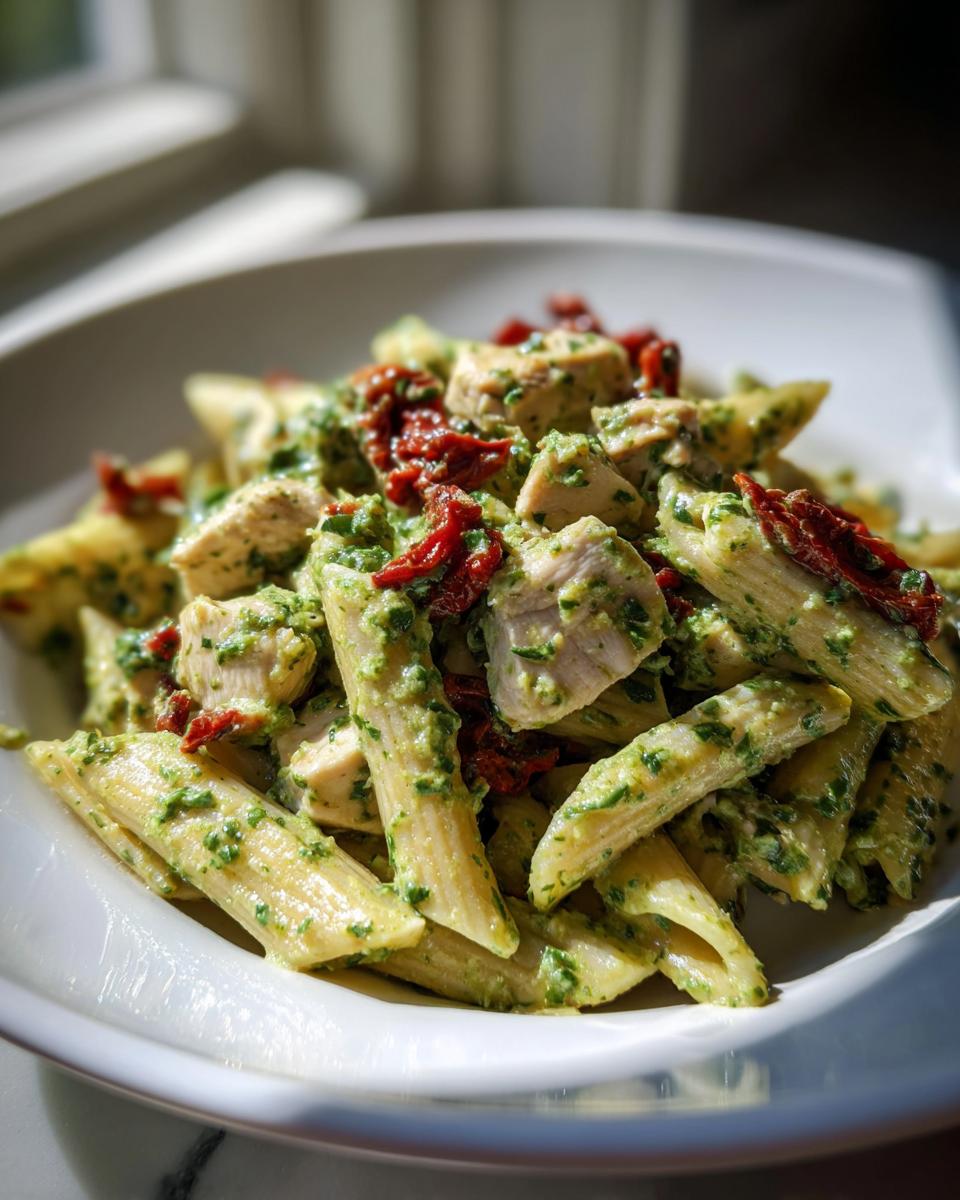 Close-up of creamy chicken pesto pasta featuring penne, diced chicken, and sun-dried tomatoes.
