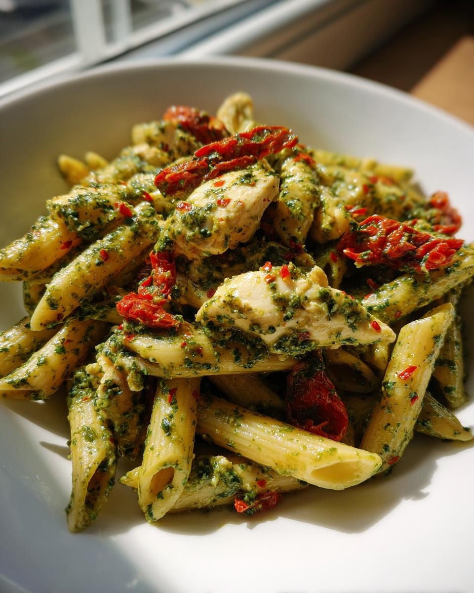 Close-up of creamy chicken pesto pasta featuring penne, chunks of chicken, and bright red sun-dried tomatoes.