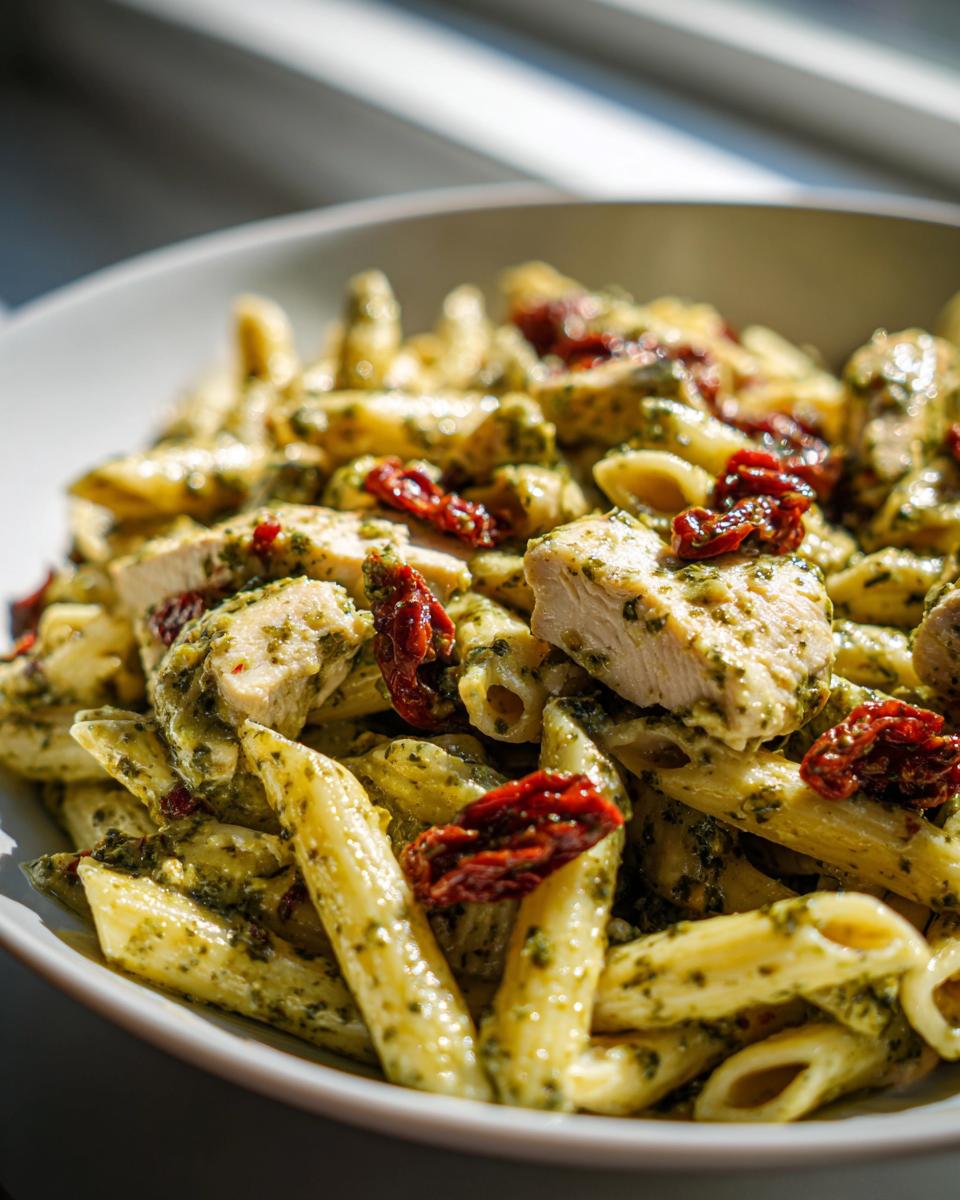 Close-up of creamy chicken pesto pasta featuring penne, sliced chicken breast, and sun-dried tomatoes.