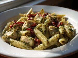 Close-up of creamy chicken pesto pasta with penne, chicken chunks, and sun-dried tomatoes in a white bowl.
