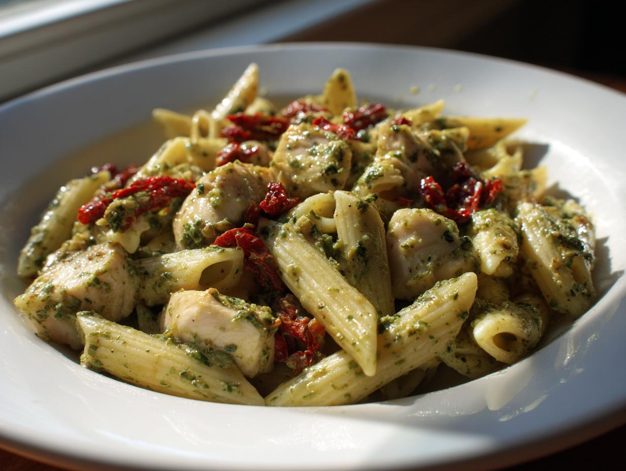 Close-up of creamy chicken pesto pasta with penne, chicken chunks, and sun-dried tomatoes in a white bowl.