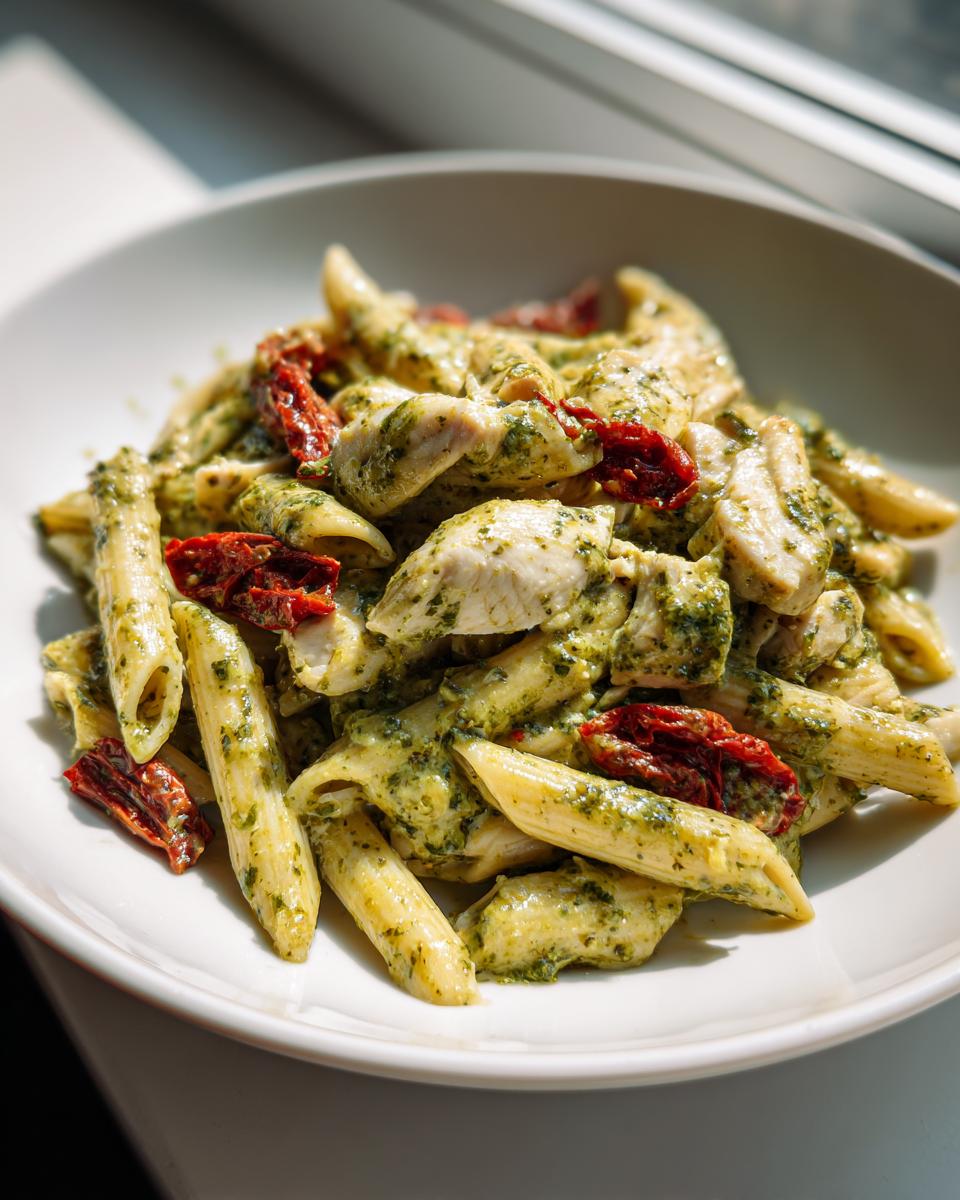 A close-up of creamy chicken pesto pasta made with penne, chicken pieces, and sun-dried tomatoes.