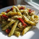 Close-up of creamy chicken pesto pasta featuring penne, chicken pieces, and bright red sun-dried tomatoes.