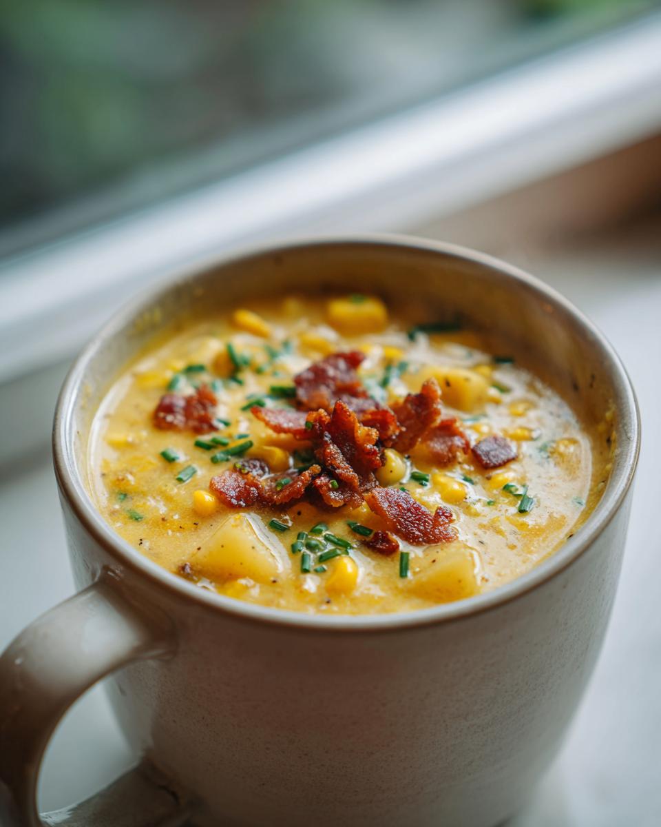 A close-up of a hearty bowl of corn chowder recipe, garnished with crispy bacon bits and fresh green chives.