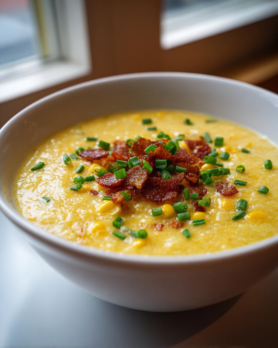 Close-up of a creamy yellow corn chowder recipe garnished heavily with crispy bacon bits and fresh chopped chives.