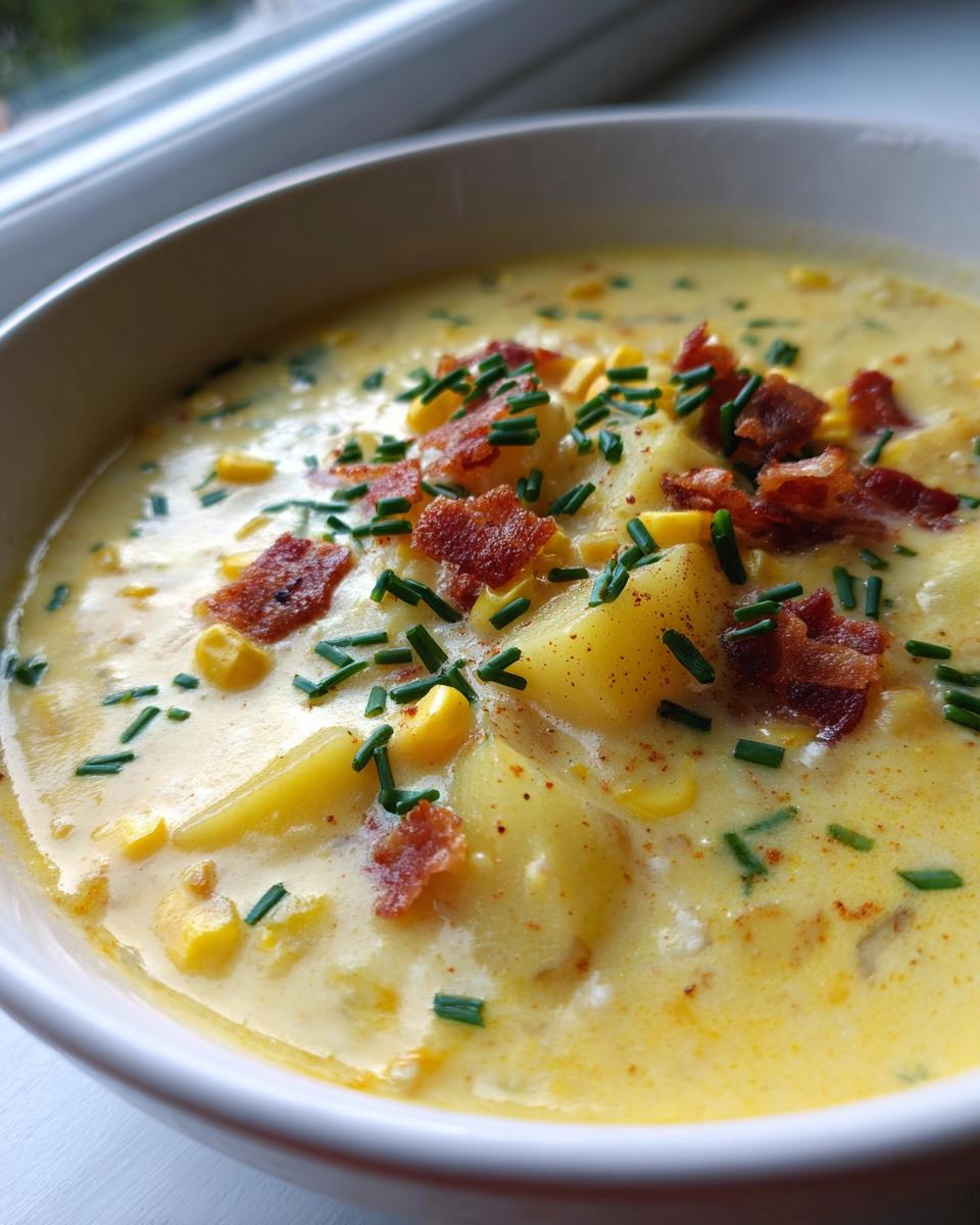 A close-up view of a creamy bowl of corn chowder recipe, garnished generously with crumbled bacon and fresh green chives.
