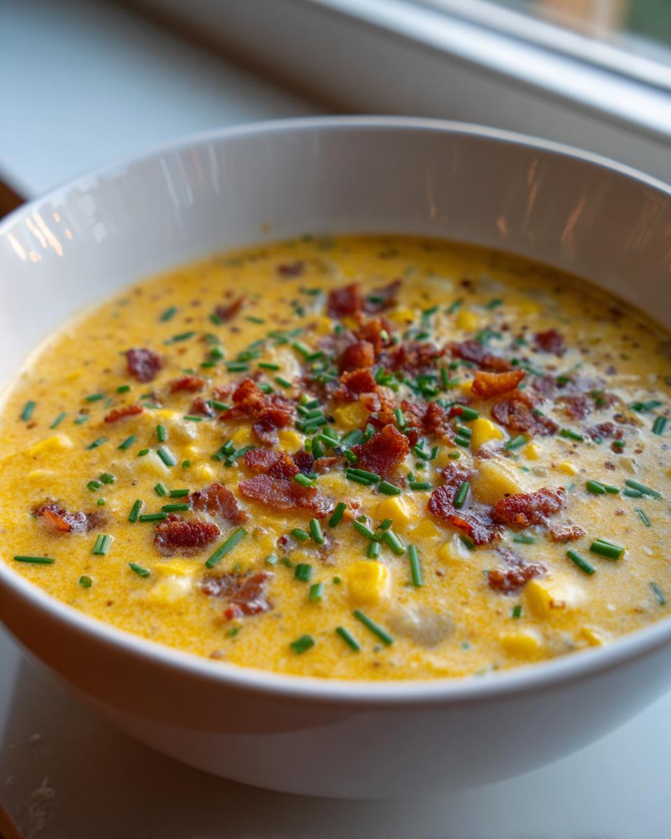 Close-up of a bowl of creamy corn chowder recipe topped generously with crispy bacon bits and fresh chopped chives.
