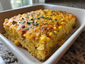 A thick, baked slice of creamy corn dip, featuring whole corn kernels and a golden, cheesy crust, garnished with parsley.
