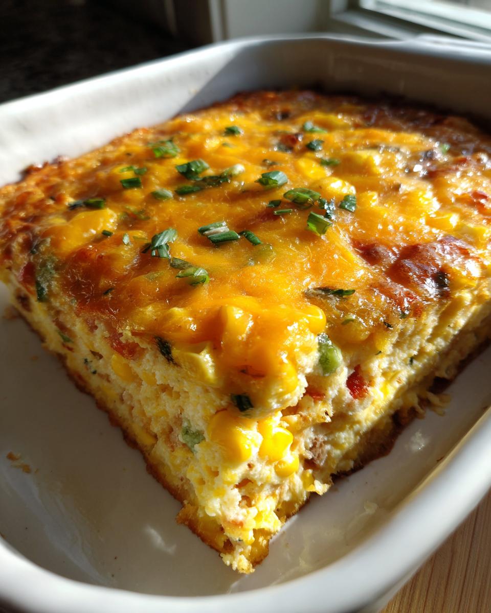 A close-up of a baked slice of creamy corn dip casserole topped with melted cheddar cheese and fresh chives.