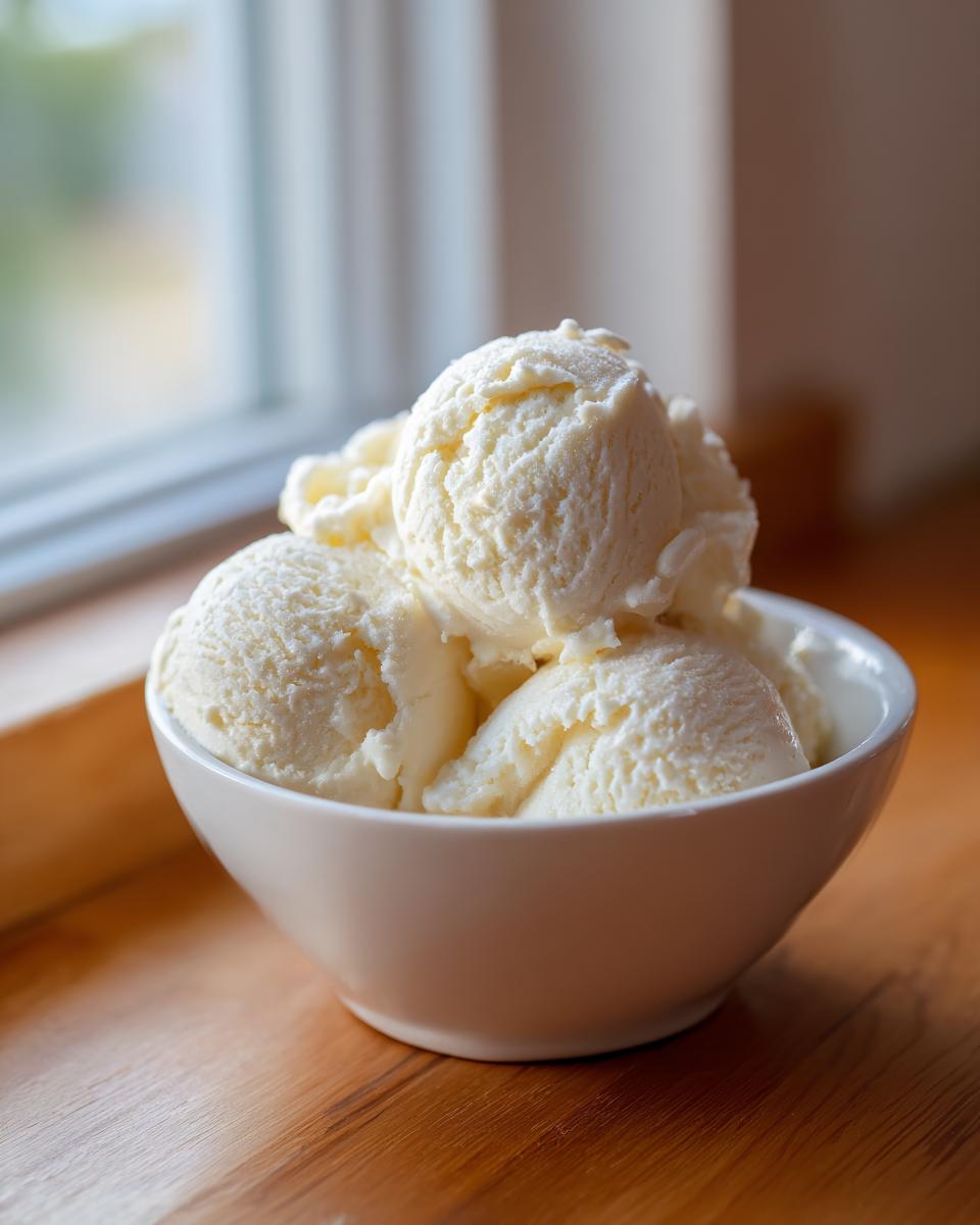 Four scoops of creamy, white cottage cheese ice cream served in a small white bowl on a wooden surface.