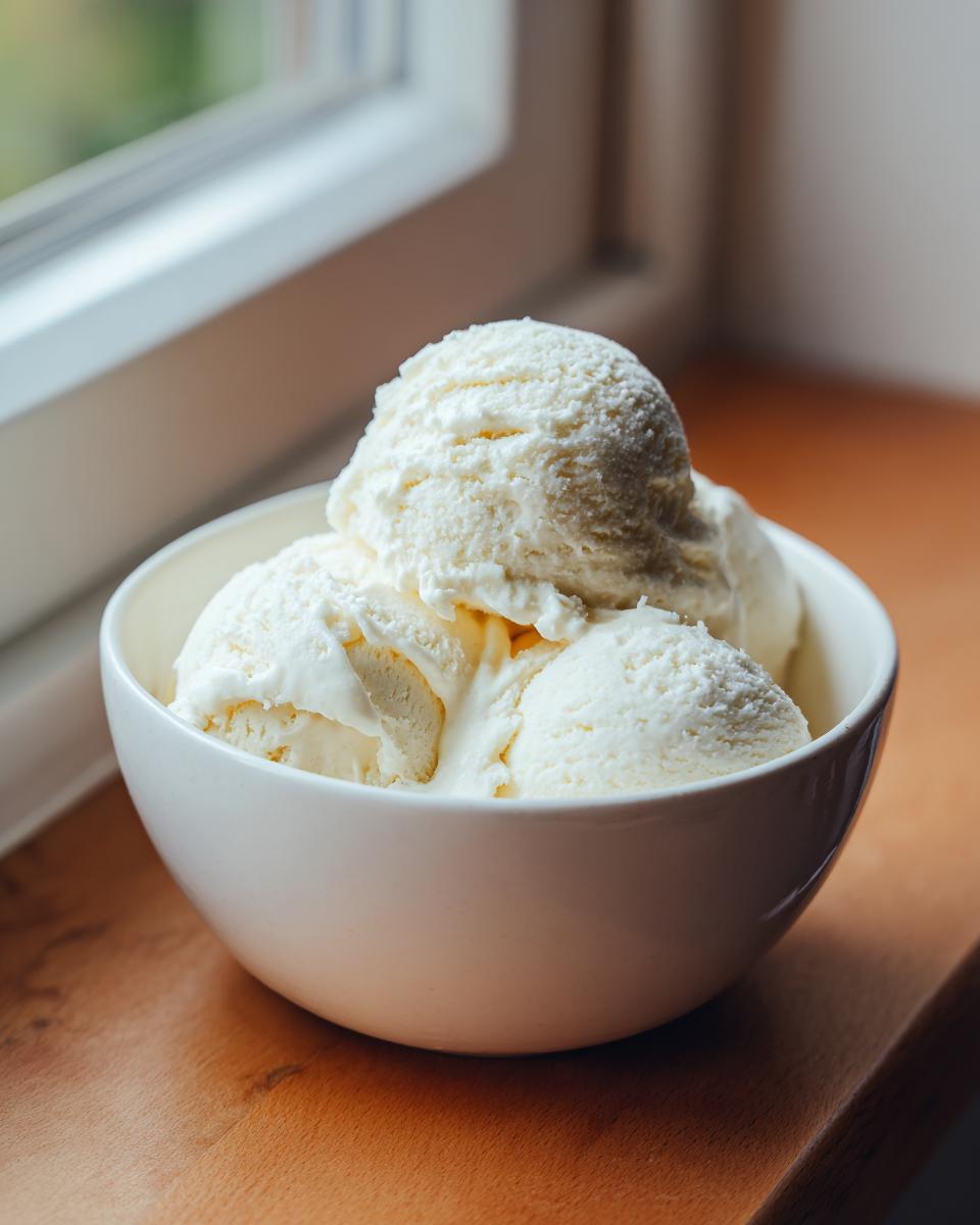 Close-up of three scoops of creamy, white cottage cheese ice cream served in a simple white bowl.