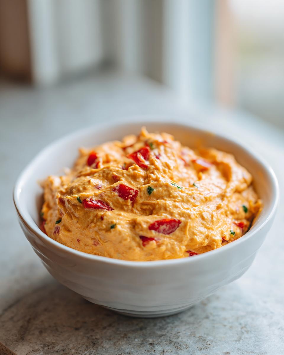 A close-up of a thick, orange cottage cheese queso dip loaded with visible red peppers in a white serving bowl.