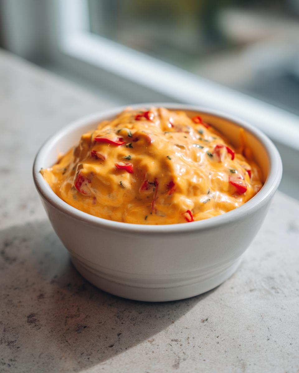 A close-up of a small white bowl filled with bright orange cottage cheese queso mixed with red peppers and herbs.
